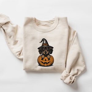 May include: A cream-colored sweatshirt featuring a Halloween-themed graphic. The graphic depicts a dachshund wearing a witch's hat and sitting inside a carved orange pumpkin. The sweatshirt has long sleeves and a crew neck.