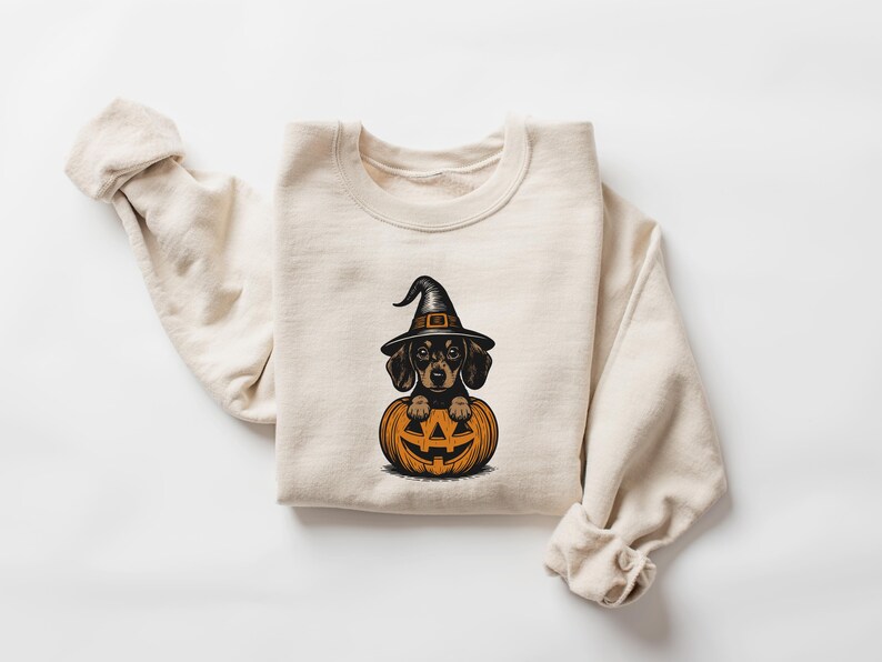 May include: A cream-colored sweatshirt featuring a Halloween-themed graphic. The graphic depicts a dachshund wearing a witch's hat and sitting inside a carved orange pumpkin. The sweatshirt has long sleeves and a crew neck.