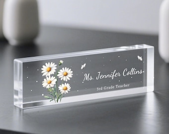 Personalized Birth Flower Desk Name Plate: Custom Acrylic Office Decor