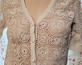Vintage Ivory White Lacey HandKnitted 70s Crochet Short Sleeve Cardigan Blouse