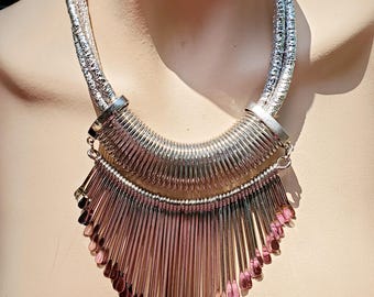 90s Mod Glam Egyptian Revival Silver Dangle Tribal Choker Adjustable Necklace Choker Bib Necklace