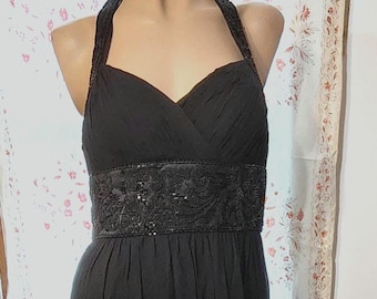 Y2K Black Silk Beaded Halter Gown: Whimsy Goth Fairy Dress