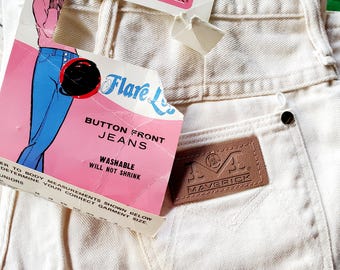 Vintage 1970s White Maverick Dead Stock NOS Flare Leg Button-Front Sz 13-14 Jeans