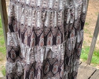 Tiered Brown and Cream Geometric Tribal Patterns BoHo Prairie Maxi Skirt XL