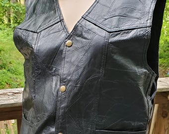 Vintage Black Leather Full Brass Snap Button Side Laces Canyon Creek M Vest