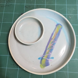 Vintage Large Ceramic Pottery Chip and Dip Olive Oil Dipping Charcuterie Dish