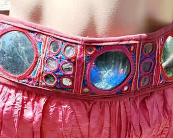 Vintage Tribal Banjara Mirrored Embroidered Festival Belly Dance Waist-Belt with Hidden Zip Pocket L/ XL