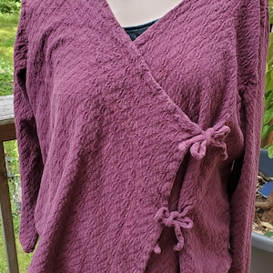 FLAX Burgundy Purple Cotton Lycra Textured Wrap Tie Front Kimono Jacket Top Large