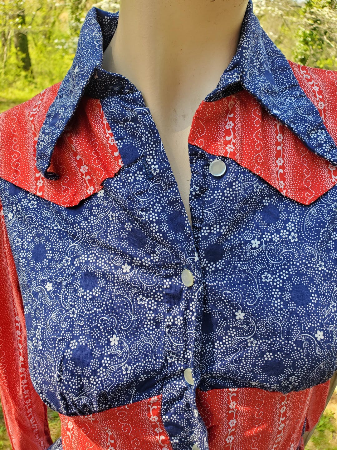 Vintage 1970s Cottagecore Prairie-style Red White and Blue Calico Gunne ...