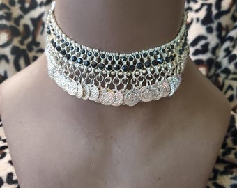 Vintage Bollywood Afghan Kuchi Tribal Coin and Black Rhinestone Chainmail Adjustable Choker Necklace: Belly Dance Jewelry