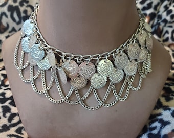 Vintage Adjustable Afghan Kuchi Tribal Coin Chainmail Choker Necklace: Belly Dance Jewelry