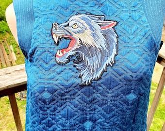 Wolf Power Punky Dress Upcycled J.Crew Peacock Blue Jacquard Silk Linned Sleeveless Shift Mini Dress with Wolf Patch