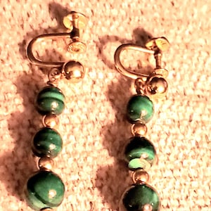 Vintage 12kgf Green Malachite Three Drop Screwback Earrings
