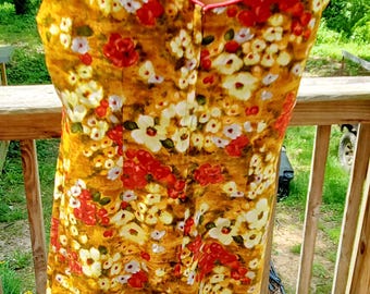 Vintage 1950s 60s Flair of Miami Golden Cotton Sleeveless Floral Watercolor Mod Psychedelic Shift Dress XL