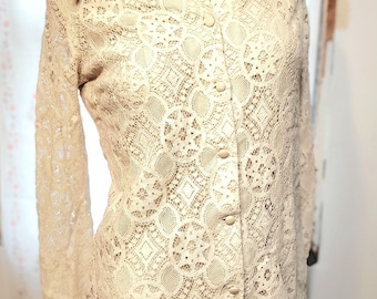 Vintage 70s Chessa Davis Romantic Cotton Star Lace Crochet Jacket Style Button Up Shirt