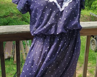 1980s Light Summer Cotton Navy Blue and White Polka Dot Lace Collar Prairie Cottagecore Dress L/ XL