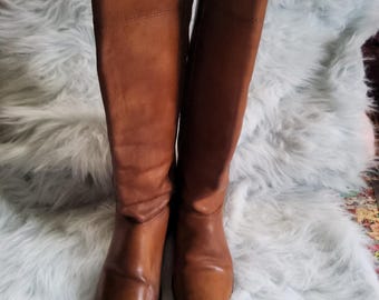 Vintage Handmade Brown Leather Knee High Equestrian Polo Riding Boots W 7