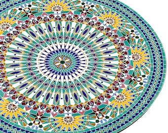 Handmade Moroccan Mosaic Table – Green, Blue & Yellow Zellige Round Patio Table