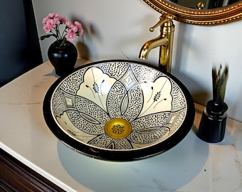 Lavabo marroquí de cerámica hecho a mano con diseño floral en blanco y negro. Lavabo de vasija y lavabo para baño.