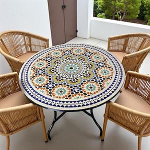 Handmade Moroccan Mosaic Table – Blue Green Terracotta Zellige Round Table for Garden or Patio