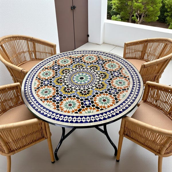 Handmade Moroccan Mosaic Table – Blue Green Terracotta Zellige Round Table for Garden or Patio