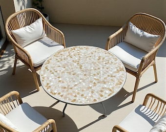 Tavolo da giardino rotondo in mosaico marocchino – Tavolino da caffè in piastrelle Zellige fatte a mano – Tavolo da giardino bistrot per esterni beige