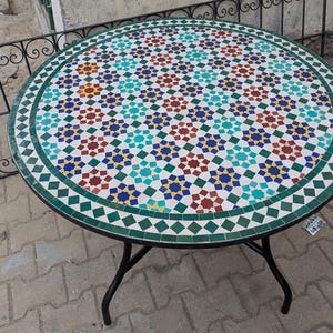 Customizable Handmade Moroccan Mosaic Table with Fence Design  – Zellij Round Patio and Garden Table , Outdoor Coffee, Side Table Art