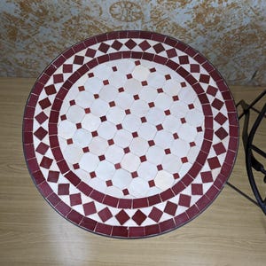 Brown-White Customizable Handmade Moroccan Mosaic Table with Fence Design–Zellij Round Patio and Garden Table,Outdoor Coffee, Side Table