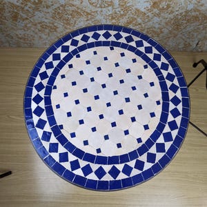 Blue-White2 Customizable Handmade Moroccan Mosaic Table with Fence Design–Zellij Round Patio and Garden Table,Outdoor Coffee, Side Table
