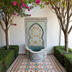 Fuente de pared de mosaico marroquí hecha a mano – Diseño de azulejos zellige verdes, amarillos y azules de Fez