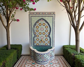 Handmade Moroccan Mosaic Wall Fountain – Green, Yellow & Blue Zellige Tile Design from Fez