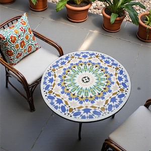 Handmade colorful Tamegrout Mosaic Table: Traditional Herringbone Moroccan Patio Furniture, Garden Tiles Round Table