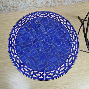 Blue Customizable Handmade Moroccan Mosaic Table, With Fence Design–Zellij Round Patio and Garden Table, Outdoor Coffee, Side Table Art