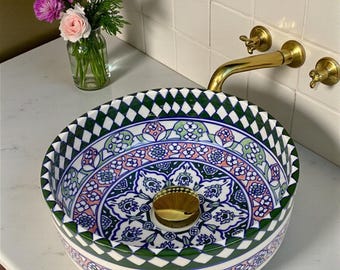 Royal Bloom Blue and White Moroccan Sink – Hand Painted Ceramic Basin with Floral Geometric Design for Bathroom Vanity