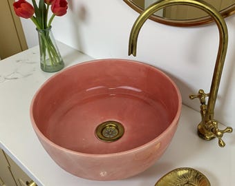 Lavabo marroquí de cerámica rosa terracota – Lavabo redondo hecho a mano