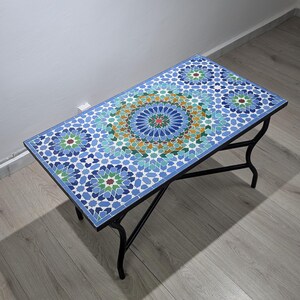 Customization Large Dining Rectangular Blue and Green Mosaic Table, Moorish 100% Handmade Outdoor&Indoor Mosaic Table, Solid Moroccan Table. 画像 5