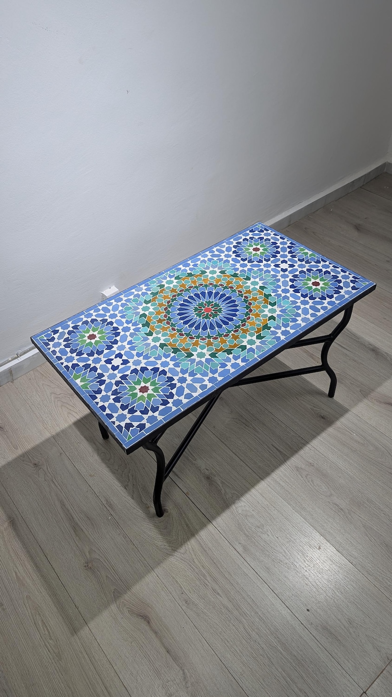 Customization Large Dining Rectangular Blue and Green Mosaic Table, Moorish 100% Handmade Outdoor&Indoor Mosaic Table, Solid Moroccan Table. 画像 5