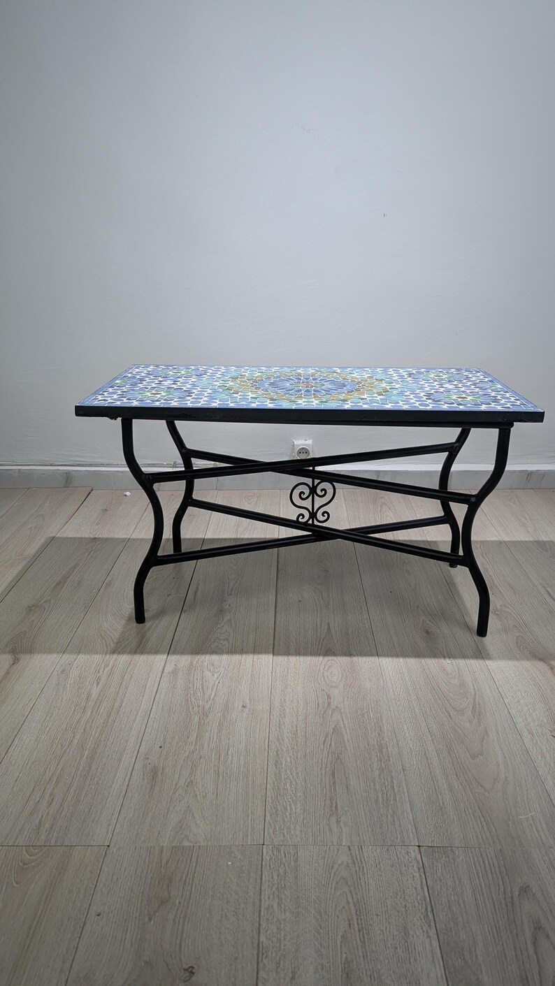 Customization Large Dining Rectangular Blue and Green Mosaic Table, Moorish 100% Handmade Outdoor&Indoor Mosaic Table, Solid Moroccan Table. 画像 15