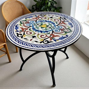 Multicolor Handmade Moroccan Mosaic Table – Zellige Round Table for Indoor or Outdoor Patio Decor