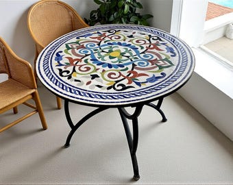 Tavolo in mosaico marocchino multicolore fatto a mano - Tavolo rotondo Zellige per l'arredamento di interni o esterni del patio