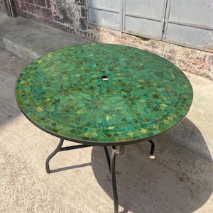 Green Stunning Customizable Handmade Moroccan Mosaic Table with Fence Design–Zellij Round Patio and Garden Table,Outdoor Coffee, Side Table