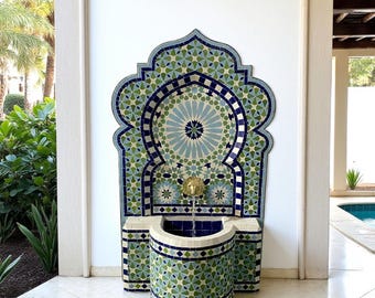 Green Moroccan Mosaic Fountain – Handmade Zellige Tile Garden Fountain with Brass Spout | Colorful Outdoor Patio Decor