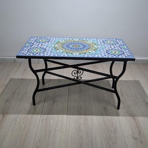 Customization Large Dining Rectangular Blue and Green Mosaic Table, Moorish 100% Handmade Outdoor&Indoor Mosaic Table, Solid Moroccan Table. 画像 7