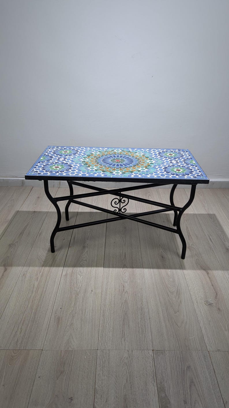 Customization Large Dining Rectangular Blue and Green Mosaic Table, Moorish 100% Handmade Outdoor&Indoor Mosaic Table, Solid Moroccan Table. 画像 7