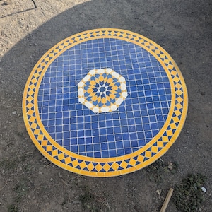 blue-yellow Customizable Handmade Moroccan Mosaic Table – Zellij Round Patio and Garden Table , Outdoor Coffee, Side Table Art