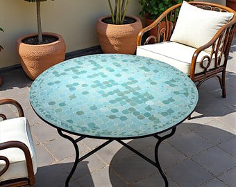 Handmade Light Blue Mosaic Table: Traditional Herringbone Moroccan Patio Furniture, Garden Tiles Round Table