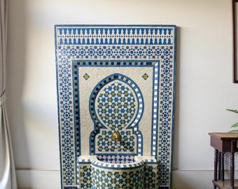 Handmade Emerald Moroccan Wall Fountain – Turquoise and Mustard Zellige Mosaic Indoor/Outdoor Water Feature
