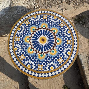 Stunning Customizable Handmade Moroccan Mosaic Table with Fence Design–Zellij Round Patio and Garden Table,Outdoor Coffee, Side Table