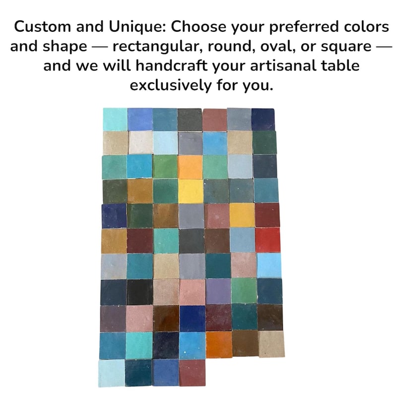 Puede incluir: Una cuadr&iacute;cula de peque&ntilde;os azulejos cuadrados en varios colores, incluyendo azul, verde, amarillo, rojo, marr&oacute;n y gris. El texto de arriba dice: Custom and Unique: Choose your preferred colors and shape &mdash; rectangular, round, oval, or square &mdash; and we will handcraft your artisanal table exclusively for you.
