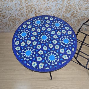 Vibrant Blue Customizable Handmade Moroccan Mosaic Table with Fence Design–Zellij Round Patio and Garden Table,Outdoor Coffee, Side Table